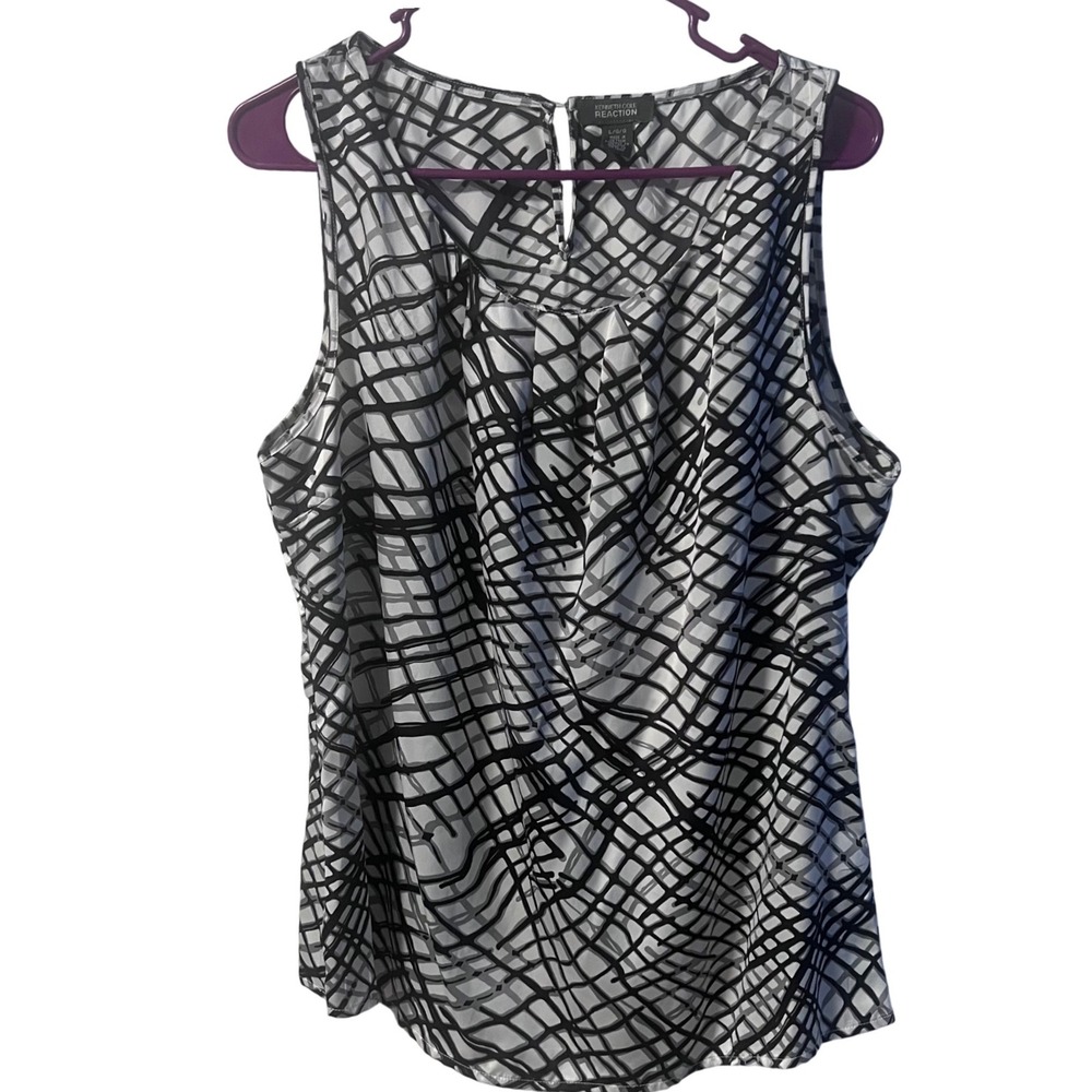 Kenneth Cole Reaction Womens Black White Abstract Grid Sleeveless Blouse Large